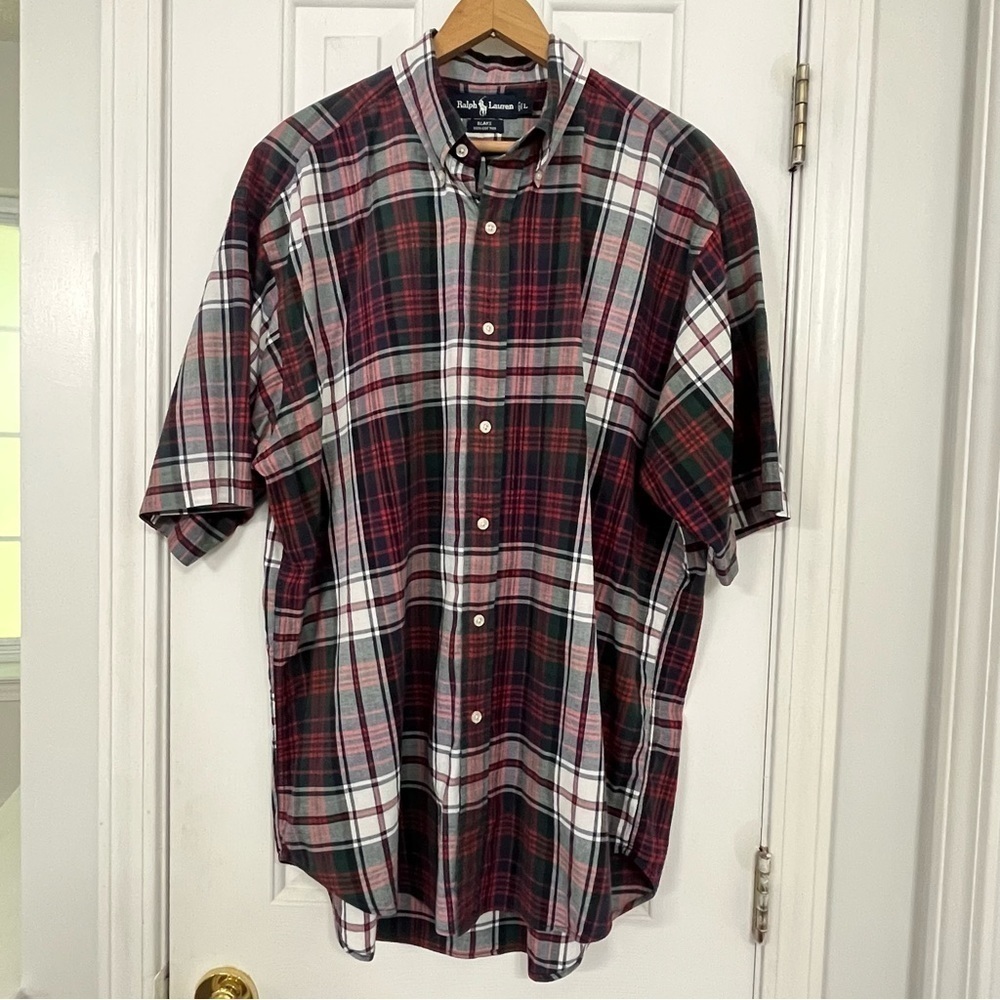 Ralph Lauren 100% cotton Blake buttondown Shirt, red & green plaid, size large.